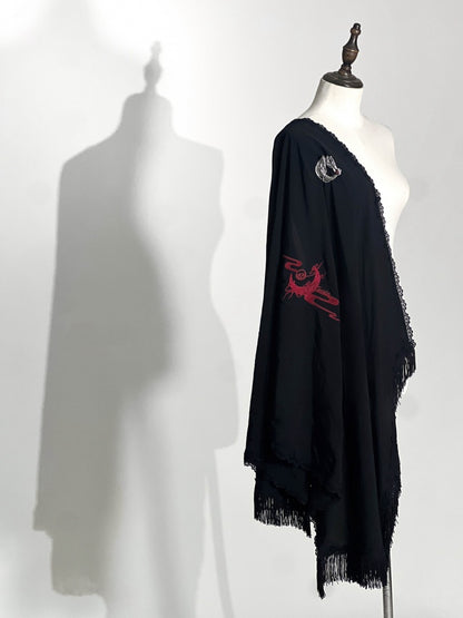 赤/黒/紫の龍と月の刺繍ショール