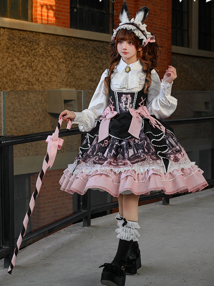 Süßes Lolita-Kleid mit Hasen- und Sargmotiv in Schwarz und Rosa