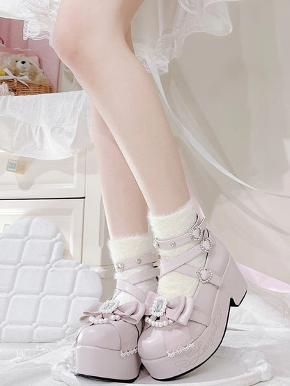 ビーズ装飾のケイピンクとハイトッププラットフォームジライマットボウラインストーンブロックヒール