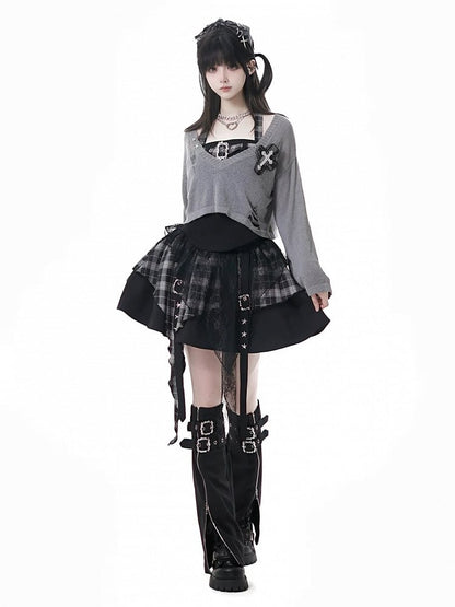 Y2K with Sweater Plaid Decor Gray/Black V-Neck Cross Distressed Holes Knit Grunge