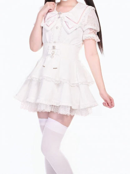 High Kei Design Bows Jirai Waist White Tiered Skirt with