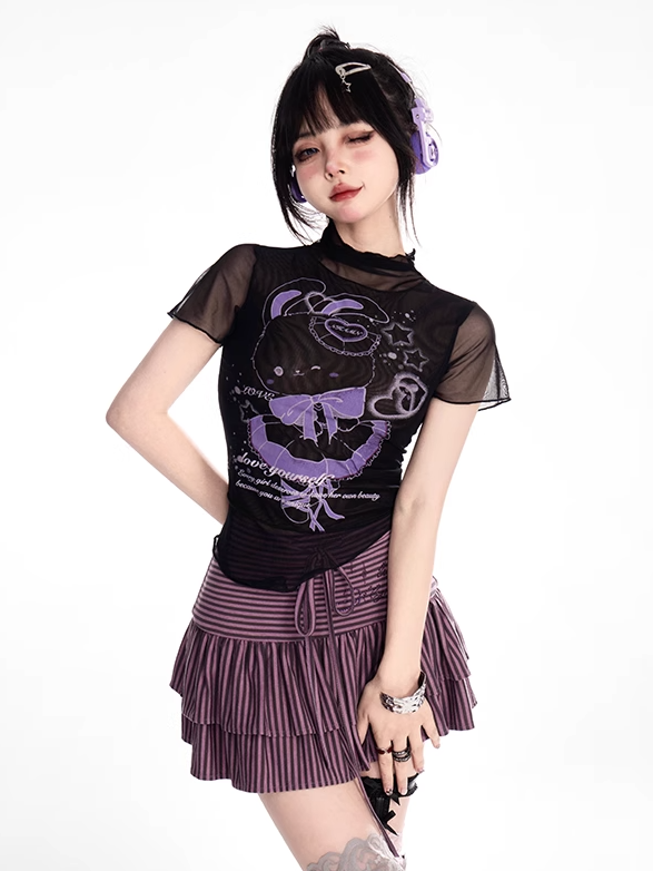 T-Shirt Schwarz Mock Neck Mesh Y2K Süßer Hasendruck Gebogener Saum