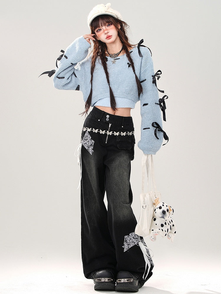 Blau/pinkes Set aus kurzem Pullover mit Schleifen an den Ärmeln und Camisole-Top