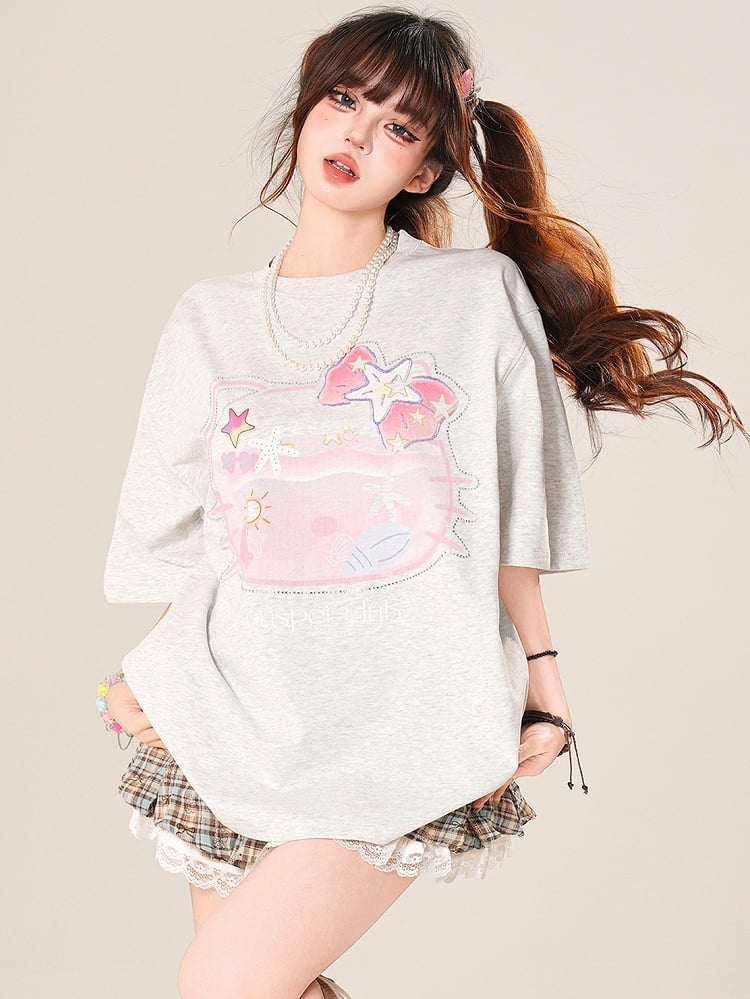 T-Shirt Grau/Schwarz Strass Halskette Kitty Perlen verziert mit Daily Print Kawaii