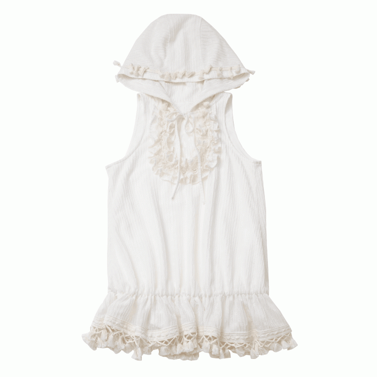 Ausschnitt mit Kapuze, ärmelloses Oberteil, Schlüsselloch, Quastensaum, gestufte Rüschen, zum Selbstbinden, Beige, Bohemian