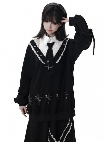 Shoulder Cutouts Collar Faux and Lace Sweatshirt Two-pieces White Black Dollcore Sweet-Grunge with |
