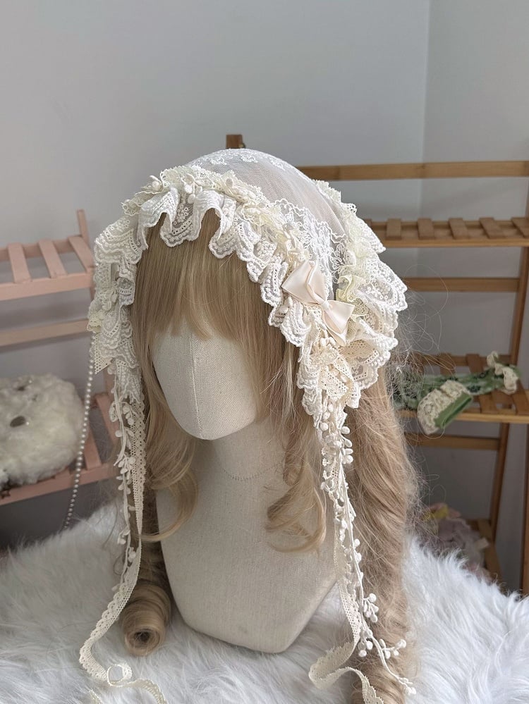 Lace Bow Triangular Trim Details Scarf Beige