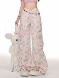 Hose Beige Cargo Weites Bein Muster Taschen Schnitt Schleife