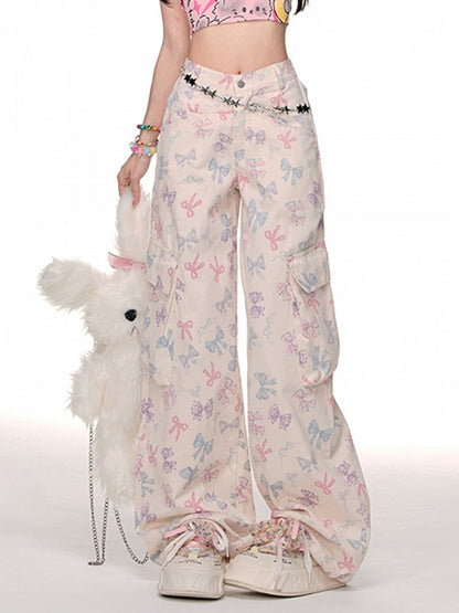 Pants Beige Cargo Wide-leg Pattern Pockets Cut Bowknot