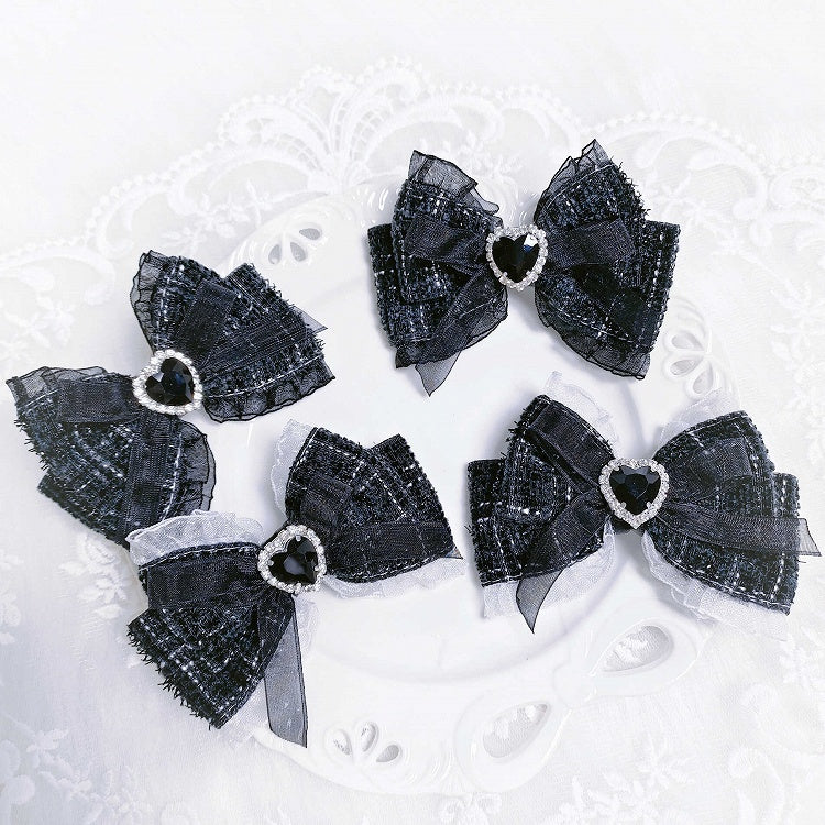 Jirai Kei Sweetheart Rhinestone with Tweed Bow Hairclips