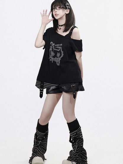 Black Asymmetrical Shoulder Short-Sleeve Tee with Cat Graffiti - PINK SAVIOR
