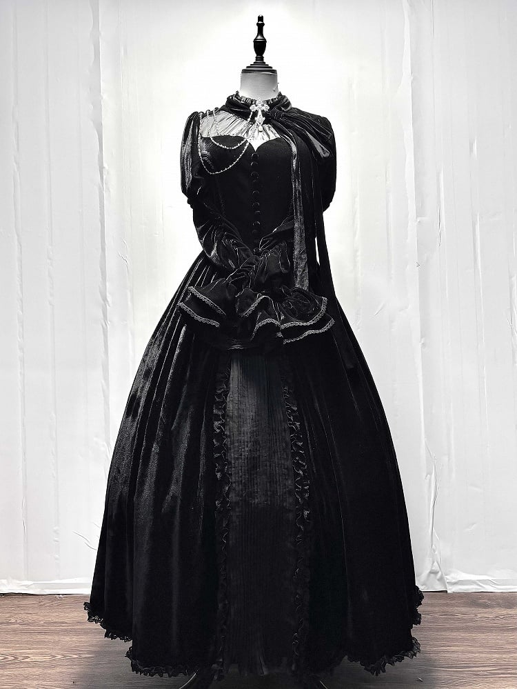 Dress Sleeves Lolita Mesh Gothic with Long Black Heart Neckline Illusion Velvet