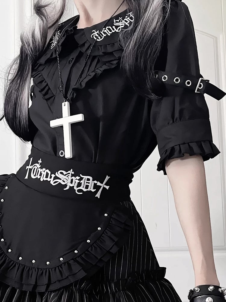 Collar Black Short Pan Buckle Gothic Blousewith StrapsRuffled Sleeve Peter