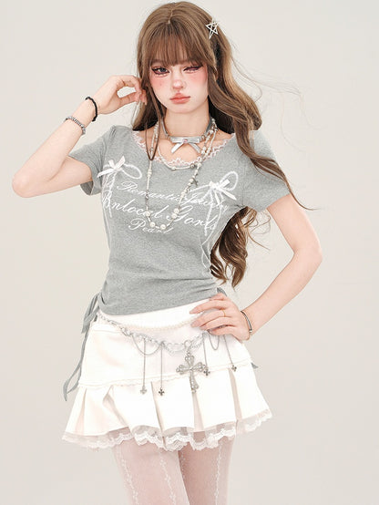 グレーレタープリント ドローストリングウエストTシャツ
