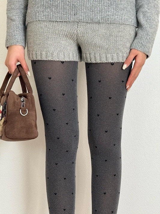 Pattern Tights Gray/Black/Creamy White Elegant Heart