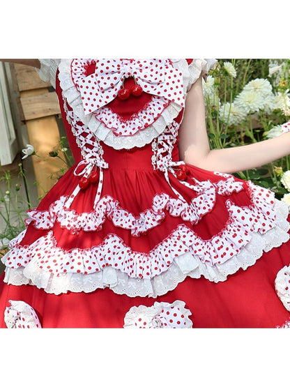 Crimson Cherry Polka-Dot Lace JSK with White Trim - Rosede Cheese