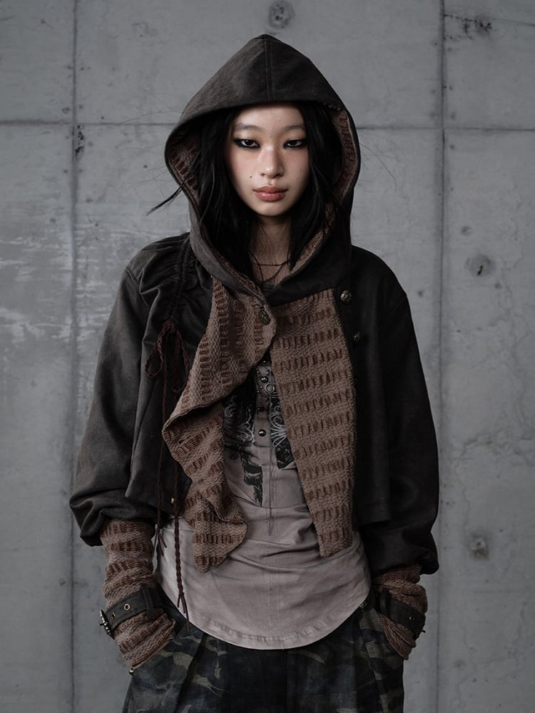 Dark Vintage Knit Jacket Hoodie with Green Paneling Suede