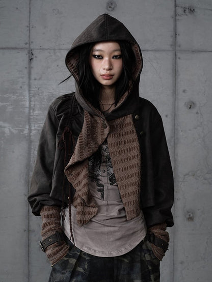 Dark Vintage Knit Jacket Hoodie with Green Paneling Suede