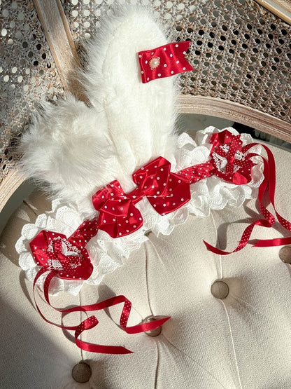Dot Hairband Bunny Lace Bows Ear and Lolita with Pink Plush Polka Red/Pink/Light Trimmings