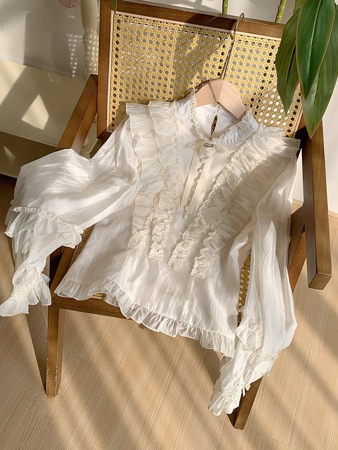 Beige Balloon Sleeve Blouse with Ruffle Accents and Rose Brooch - With PUJI