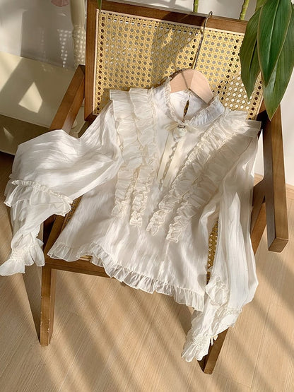 Beige Balloon Sleeve Blouse with Ruffle Accents and Rose Brooch - With PUJI
