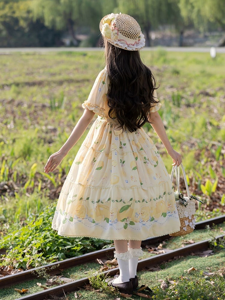 春とひよこドレス袖ショート夏プリントロリータレモンイエロー