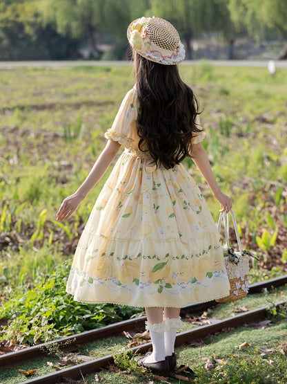 春とひよこドレス袖ショート夏プリントロリータレモンイエロー