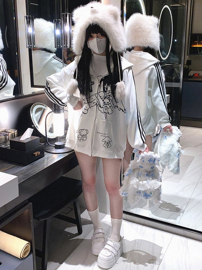 自来系 ホワイト/ブラック ヤミ カワイイ エンジェル ガール ジップ パーカー