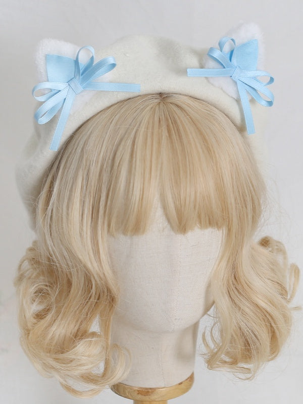 Colors Lolita Cute Off-white 11 Beret With Kitty Bowknot Ears