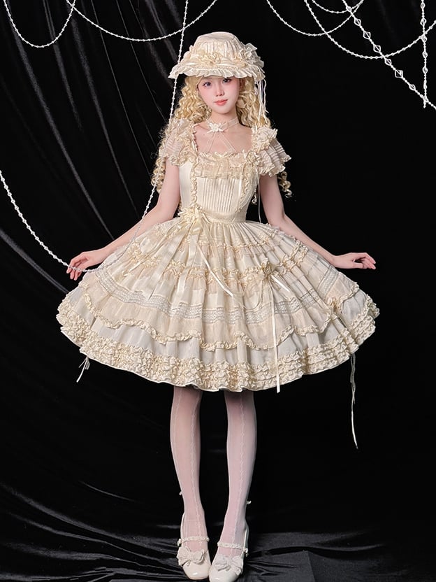 Pleating Details Classic Ruffle Trims Lolita Dress and Elegant Beige