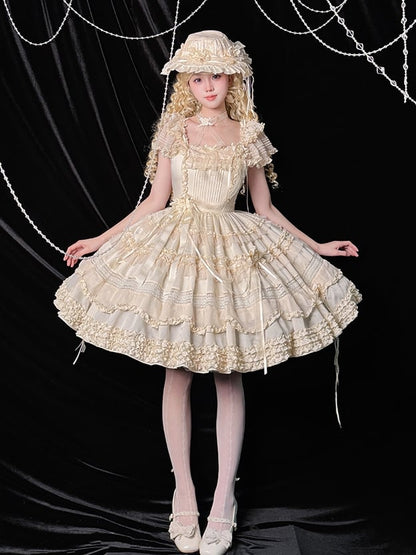 Pleating Details Classic Ruffle Trims Lolita Dress and Elegant Beige