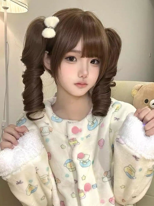 Claw Short Full Caramel Ponytail Wig 35CM Bangs Roman Double with Curly Clips