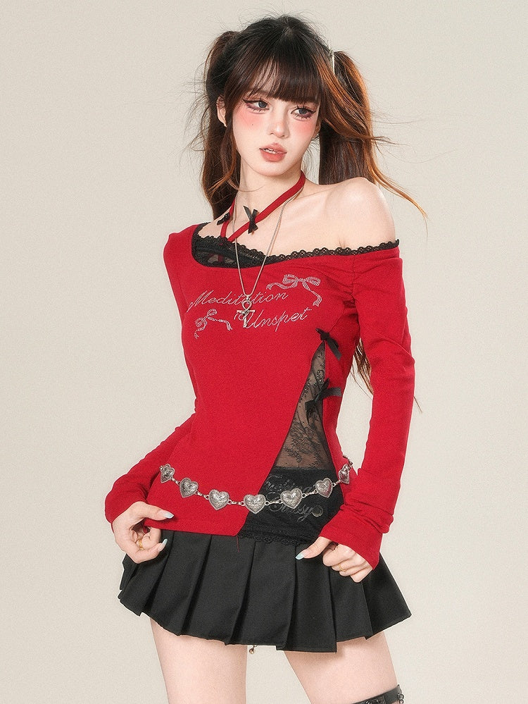 And Sleeves Letter Top Long Rhinestone Decorated Bowknot Glamorous Red/Black