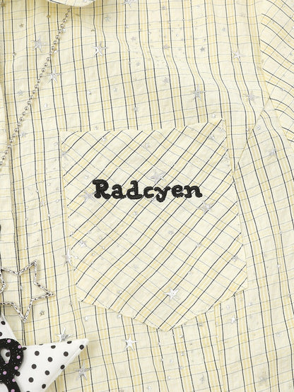 Yellow Plaid Short-Sleeve Shirt with Star Print and Necklace - Languid Park