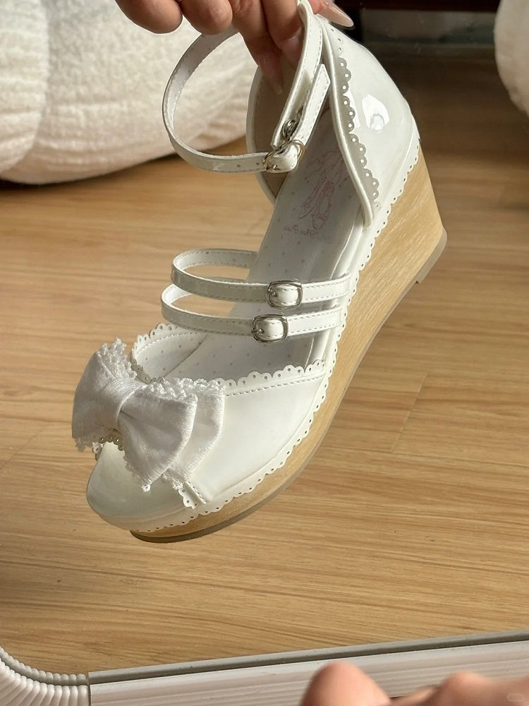 ロリータのスクールオールドホワイトウェッジサンダルボウトップスウィート