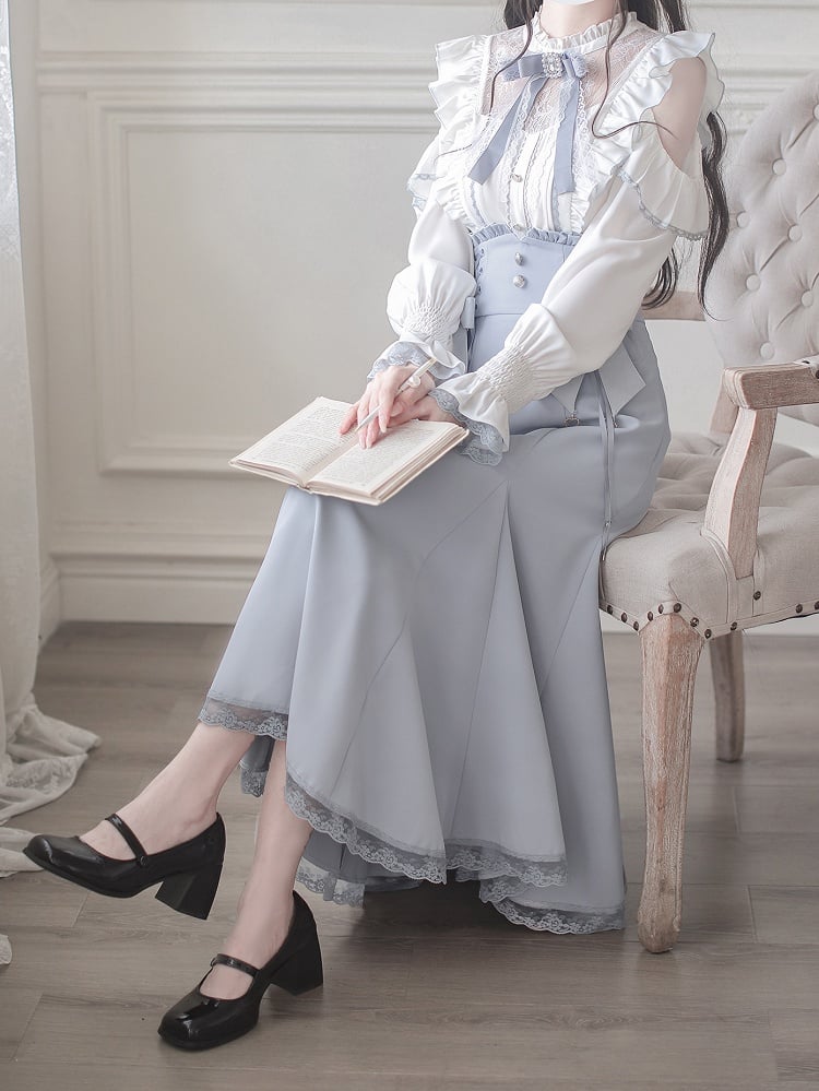 Kei Illusion Blouse Jirai Long Lace Cutout - Blue Shoulder White Sleeve Trim Top Neckline