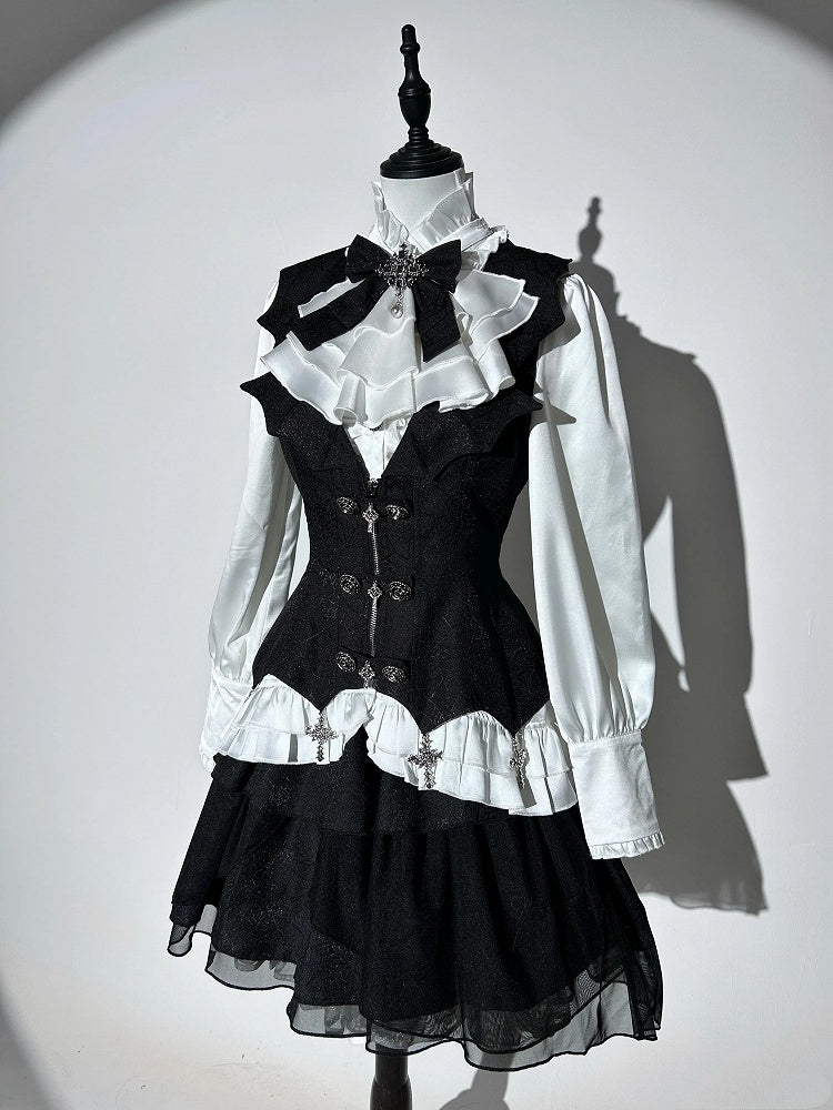 Gothic Ensemble: White & Black Lolita Shirt, Cross Charm Waistcoat, Spider Web Skirt - Unknown Star
