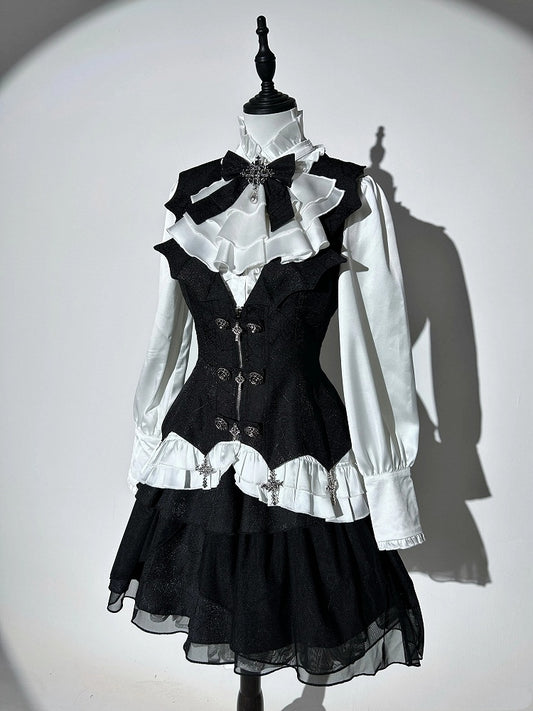 Gothic Ensemble: White & Black Lolita Shirt, Cross Charm Waistcoat, Spider Web Skirt - Unknown Star