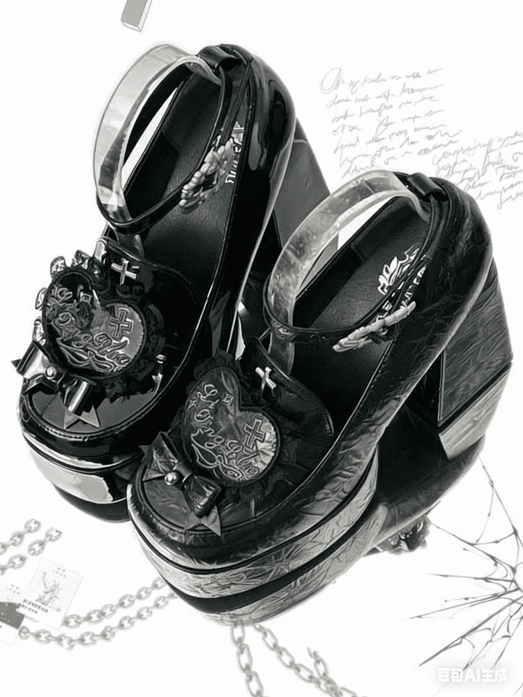 Clips Heel Block Mary Bow Details Decor Janes PU Black Gothic with Heart Cross Detachable High