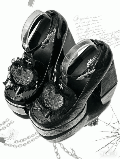 Clips Heel Block Mary Bow Details Decor Janes PU Black Gothic with Heart Cross Detachable High