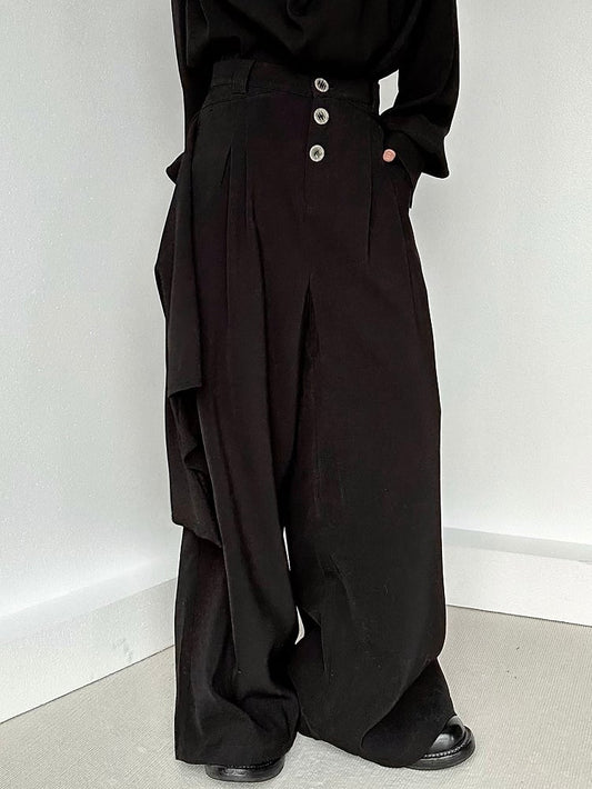 Black Wide-Leg Draped Ouji with Fly Three-Button High-Waisted Lolita Panel Pants