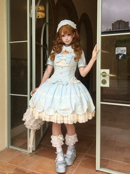 Blue Old School Lolita Cotton OP Dress with Embroidered Scallop Trim Skirt - Secret Tea Party