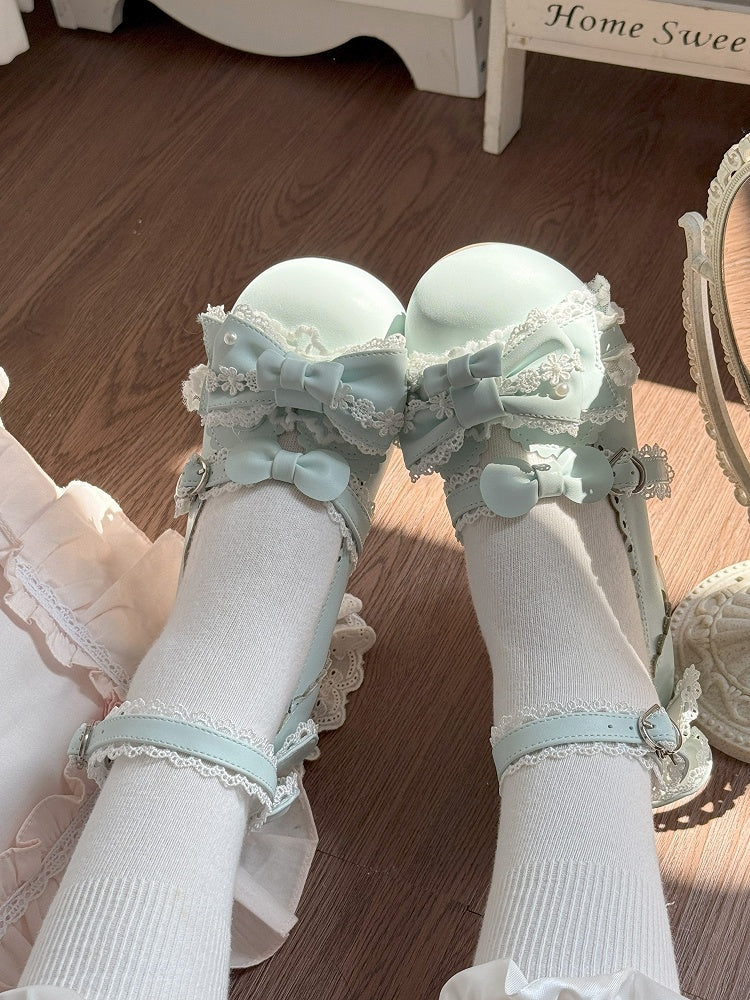 Low Sweet Green Mint Accents with Heart Heels Snap Bow Round-Toe Lolita