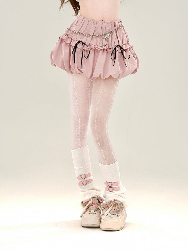 Skirt with Bubble Details Bowknot Pink