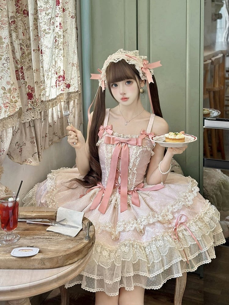 Kleid Rock verziert süß Jumper Lolita Balletcore rosa Bowknots
