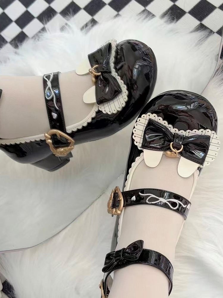 Mid-heel Black Janes Snap Closure Bunny Hem with Mary Heart-shaped Scalloped Lolita Sweet Themed