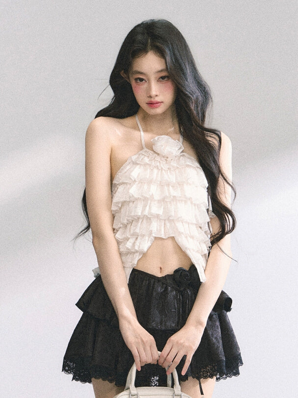 Halter Neck Top Apricot/Pink Decorated Tiered Ruffles Floral