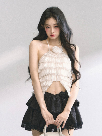 Halter Neck Top Apricot/Pink Decorated Tiered Ruffles Floral