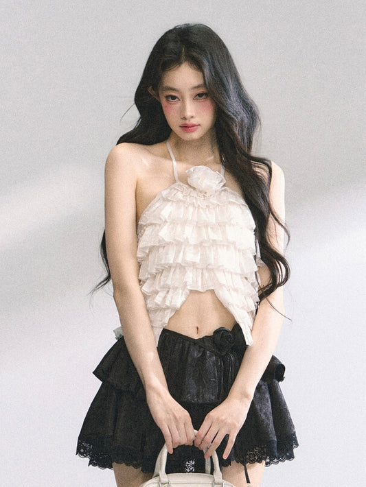 Halter Neck Top Apricot/Pink Decorated Tiered Ruffles Floral