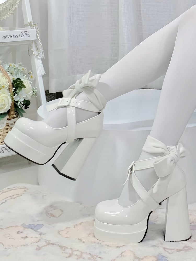 Platform Dual Ribbons White Heels Detachable Lolita - Straps Sophisticated High Block Buckle Crossed